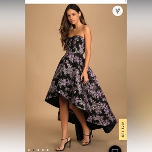 Black & purple floral strapless high low dress from LuLu’s 
Size large